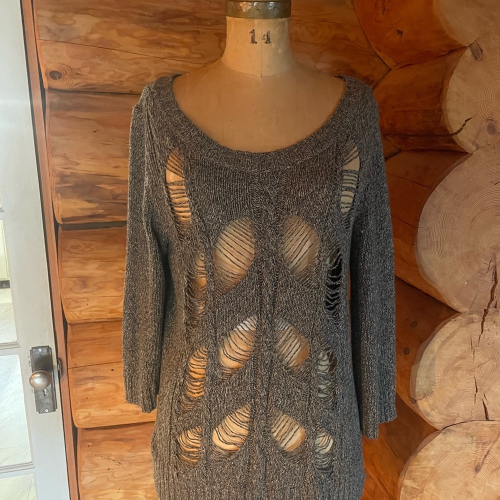 RACHEL Rachel Roy Distressed Knit Sweater in Heathered Gray